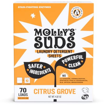 Molly's Suds Waschmittelblätter | Sanft zu empfindlicher Haut, kraftvolle biobasierte Enzyme, fleckenbekämpfend | flüssigkeitslose & plastikfreie Verpackung | 70 Waschladungen (Citrus Grove)