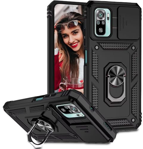 POUHYE Handyhülle für Xiaomi Redmi Note 10 4G / Redmi Note 10S Hülle, [ Slide Camera] Hybrid Militärqualität Stoßfest Bumper Outdoor Handyhülle Drehbarer Metall Ring Ständer Schutzhülle Case Schwarz