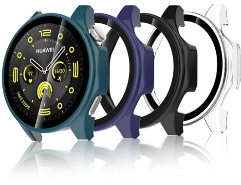 Simpeak 4Pcs Protection Écran Compatible with Huawei Watch GT 4 46mm Coque 2 en 1 Cadre PC Rigide et Verre Trempé HD Sensible au Toucher/Couverture Complète/Ultra Mince/Anti-Bulle