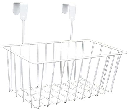 Grid Storage Baskets with Hooks Hanging Storage Baskets over Cabinet Door Organizer Basket Shelves Iron Kitchen Storage Organizer for Rv Garage Railing Kitchen Home Storage, White