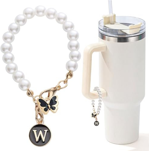 LUHOHI Abalorio de letra para taza Stanley, accesorios de cadena de perlas, dijes con inicial de copa Stanley para decoración de asas, botella de agua, joyería, vaso, bonita decoración personalizada
