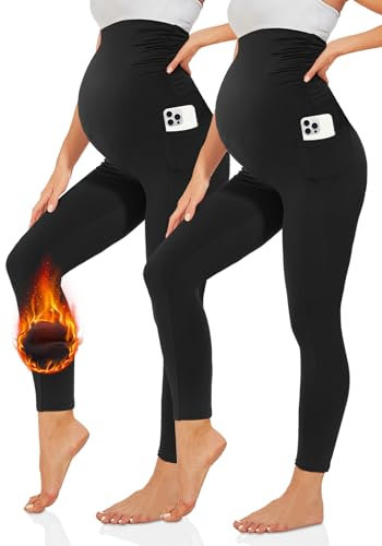 TNNZEET Umstandsleggings Damen Umstandsmode Blickdicht Schwangerschaft Leggings Umstandshose Lang mit Taschen für Yoga(Thermo-Schwarz,3XL)
