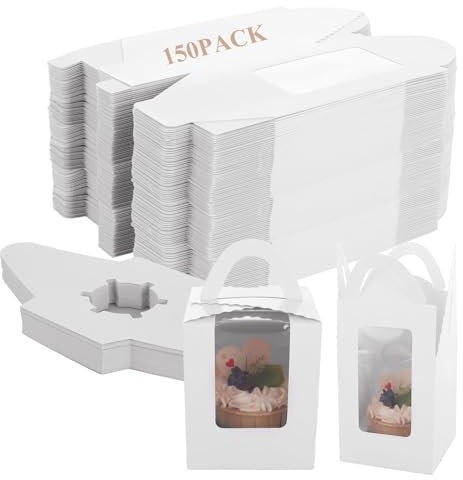 SHUESS 150 Pack Individual Cupcake Boxes - Single Cupcake Boxes with Clear Window and Removable Inserts - White Cupcake Box with Handle, Ideal for Cupcakes, Pastries and Doughnuts