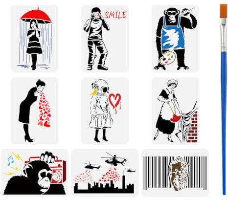 FINGERINSPIRE 9 Stück Banksy Figuren Schablone 21x29.7cm Schimpansen Malschablonen Mit Bambuspinsel Regenschirm Regenmädchen Zeichnen Große Schablonen Hubschrauber Vorlagen Für Stoff Fliesen Möbel