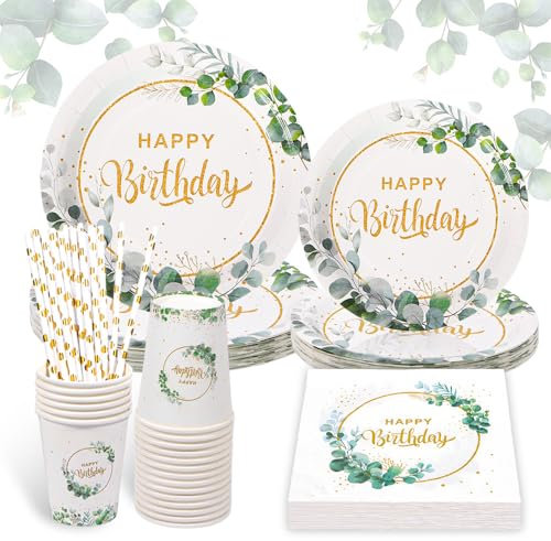YRsorn Geburtstag Deko Partygeschirr Set - Pappteller, Eukalyptus Party Geschirr für Junge Mädchen Partys, 20 Gäste