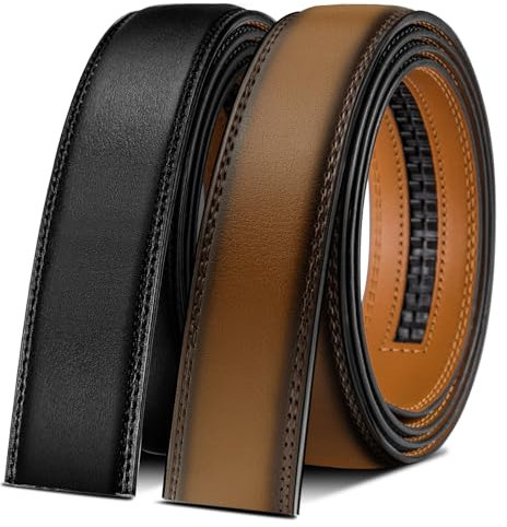 BULLIANT Gürtel Herren 2er, Ledergürtel Automatikschließe Ratsche Gürtel Anzug 35mm,Ohne Schnalle,Größe Angepasst(Schwarz/Tawny,120cm/26-40 taille verstellbar)