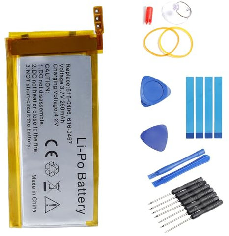 PONDWAY Ersatz-Akku, 250 mAh, 3,7 V, 616-0406, 616-0467, kompatibel mit iPod Nano 5 5th A1320, kompatibel mit iPod Nano 5. Gen 5G, 8 GB, 16 GB, MP3, Li-Po-Musik-Player, Akku + Repair Tool