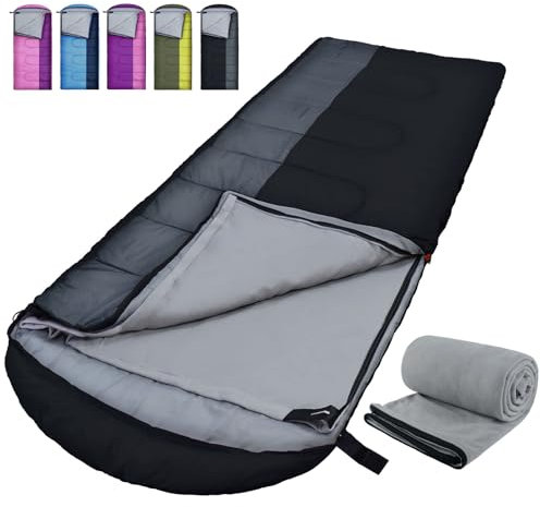 WKFAMOUT XL Schlafsack Outdoor mit Fleecefutter Schlafsäcke Erwachsene Maschinenwaschbar Winter Deckenschlafsack mit Kompressionssack für 4 Jahreszeiten Camping Wandern Schwarz