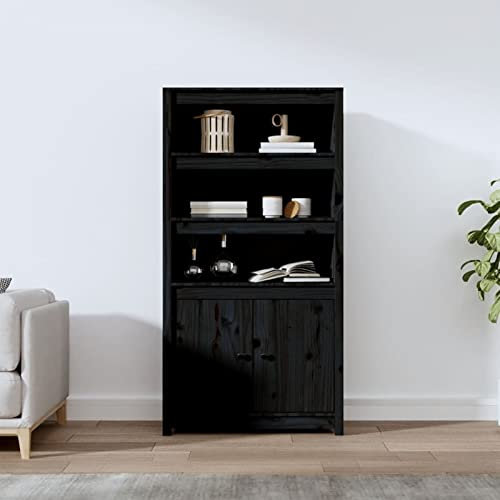 Iiaky Highboard Schwarz 80x35x154 cm Highboard Wohnzimmer Esszimmerschrank Wohnzimmer SchräNke Highboard Vintage Buffetschrank Massivholz Kiefer