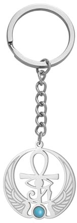 Amaxer Porte-clés Ankh Croix Œil d'Horus avec Pierre de Lune Turquoise Symbole Égyptien Ancien Croix Ankh en Acier Inoxydable Bijoux Religieux Porte-clés Porte-clés, Argenté., 24.5mm