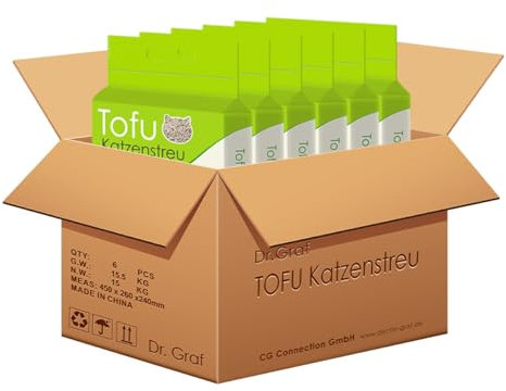 Dr. Graf Tofu Katzenstreu, 100% natürlich, Innovative Klumpstreu, geruchsfrei, komplett wasserlöslich， biologisch abbaubar, staubfrei，Extrem Saugfähig und schnell trocknend (6 x 2,5KG)