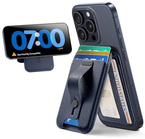 ESR Cartera con MagSafe, Bloqueo RFID 5 Tarjetas, Cartera iPhone con Soporte Ajustable, Bucle Dedo, Agarre Seguro, para iPhone16/15/14/13/12, NO para iPhone Mini, NO Compatible con Buscar, Azul Oscuro