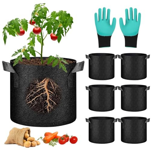 BORDEAG Sac A Plantes,Lot De 6 26 L Sac De Plantation Non Tissé avec Poignées,Sacs A Plantes De Tomate avec des Gants,Sac Plantation Réutilisable pour Légumes,Fleurs,Plantes 7 Gallons