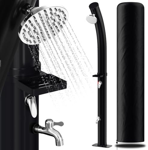 Randaco Solardusche Bogen Solar Gartendusche warmes Wasser Bis Zu 60°C Ohne Stromanschluss Pooldusche Camping mit Fußdusche und Duschablage schwenkbarem Regenduschkopf Schutzhülle Schwarz(20L)