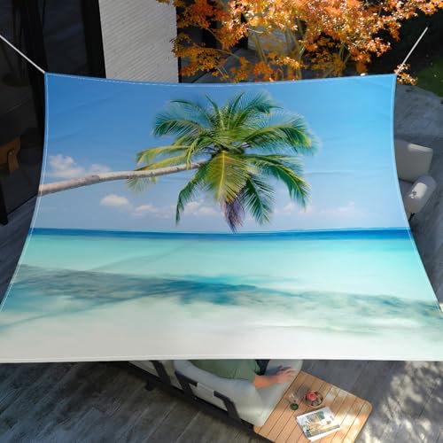 Surwin Vela Ombreggiante Impermeabile, Rettangolare Modello Albero di Cocco, UV 95% Esterno Tenda da Sole, Vela Ombreggiante per Giardino Terrazza Balcone Piscina (Spiaggia estiva,150x150cm)