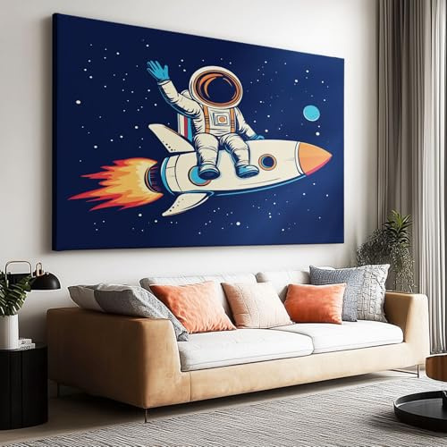 Leinwand-Wandkunst 90 x 60 cm ungerahmt - Cartoon Astronaut Sternenhimmel Rakete Mond Leinwandbild Kunstdruck Groß XXL für Wohnzimmer Schlafzimmer Wandbilder Canvas Desing Dekoration