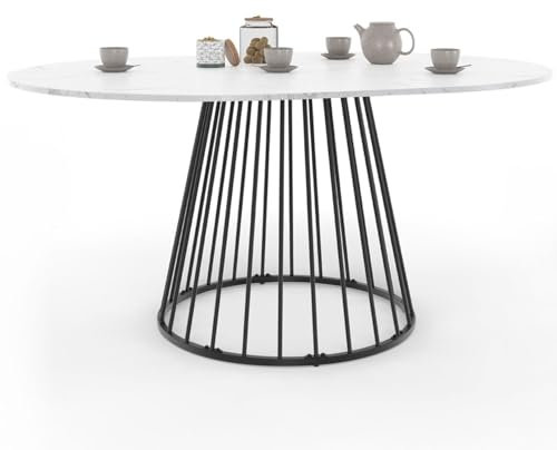 IDMarket - Yuna Esstisch, ausziehbar, rund, 4-8 Personen, Platte mit Marmoreffekt, Alaska und Schwarz, 110 – 150 cm