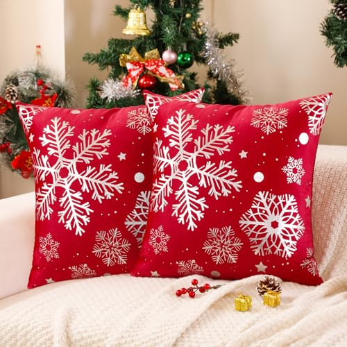 Miuyunya 2er Set Samt Weihnachten Kissenbezüge Rot Weihnachts Kissenbezug Samt 45x45 Silber Schneeflocke Kissen Winter Zierkissenbezüge Dekokissen für Sofa Schlafzimmer Wohnzimmer Couchkissen