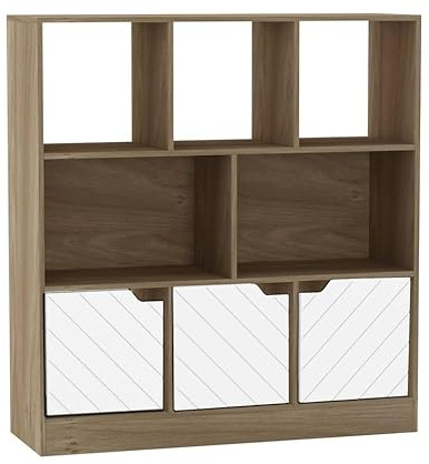 URBNLIVING Oak 8 Cube Asymmetrical Bookcase – Freestanding Storage Cabinet with 3 Doors - Line Design Doors - White