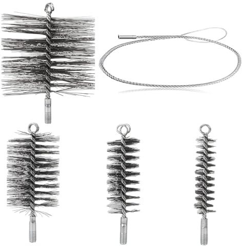 5 Stück Ofenrohrbürste Set, 30/50/80/150 mm Schornsteinfeger Bürste, Kaminbürste mit 1m Schubstange, Rohrreinigungsbürste aus Stahldraht, Kaminbesen Heizkesselbürste Schornsteinbesen für Reinigung