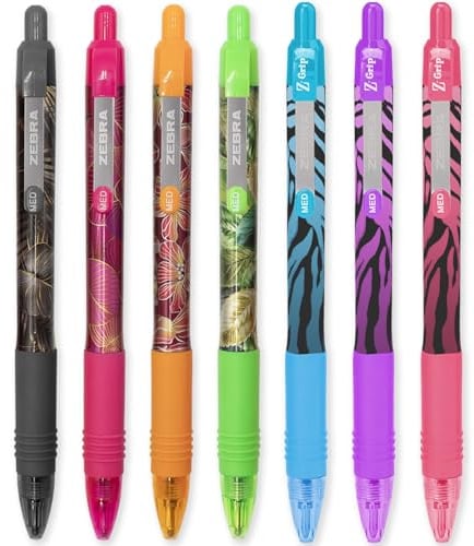 Zebra Z-Grip Smooth Ink Retractable Ballpoint Pen - 1.0mm Nib - Blue & Coloured Ink - Limited Edition Tropical Design + Funky Stripe Barrels - Pack of 7 Pens