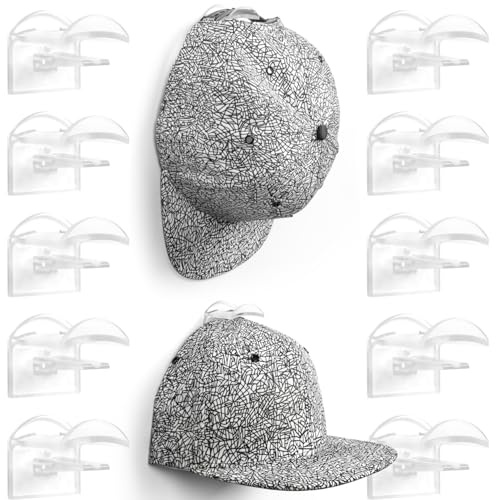 Hat Rack Cap Halterung Wand 10er Set Transparent – Unsichtbarer Basecap & Hut Halter – Hat hook 2 Montageoptionen Selbstklebend ohne Bohren oder mit Schrauben – Elegante & Stabile Wandaufbewahrung