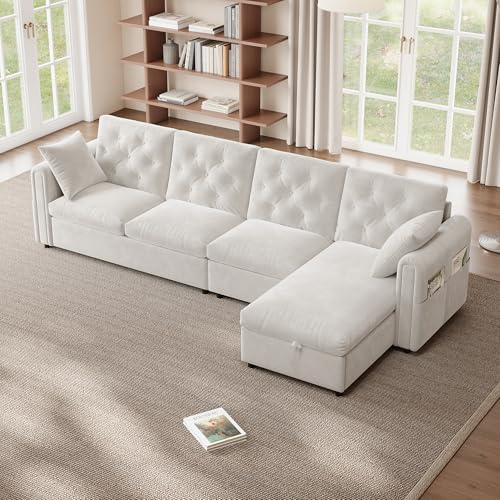 Bladez L-Form Ecksofa, Samt Beige, 281cm, mit Stauraum, Schlaffunktion, Verstellbarer Eckbank, Staukasten, Magazintaschen, Modernes Wohnzimmer Sofa (Velvet, Beige)
