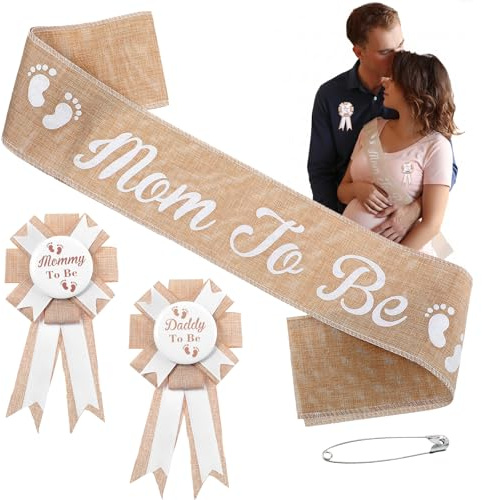 3 Stück Mom To Be Schärpe Baby Shower Deko Set mit Daddy-to-Be Mom to Be Abzeichen Sackleinen Gürtel für Mommy, Babyparty-Dekorationen