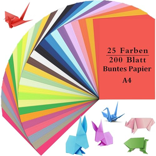 XiaoLidm 200 Blatt Origami Papier, 25 Farben, Buntes Papier A4, Doppelseitiges Farbig Faltpapier, Buntpapier für DIY, Kunstprojekte, Haus und Schule, 60 g/m²