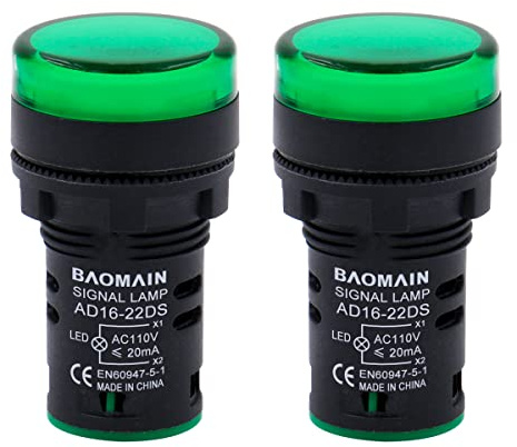 BAOMAIN 22mm LED Industrial Indicator Light,110V AC Pilot Signal Lamp for Industrial Machinery Control Circuits,7/8 Panel Mount, Screw Terminal,Green,2-Pack