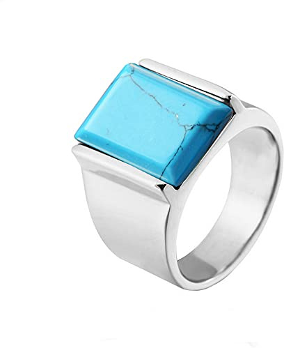 PAURO Herren Edelstahl Stabstahl Edelstein Blauer Sandstein Und Türkis Ring Mit Poliertem Silber Seite