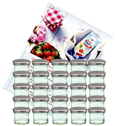 MamboCat 25er Set Sturzglas 125 ml mit Schraub-Deckel Silber I Einmachgläser + to 66 Deckel mit Diamant-Zucker-Rezept I Vorratsgläser konservieren & sterilisieren