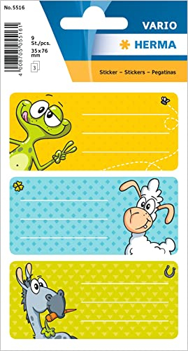 HERMA 5516 Buchetiketten zum Beschriften Witzfiguren, 9 Stück, 76 x 35 mm, selbstklebend, liniert, Buchaufkleber für Schule Kinder Mädchen Jungen, mehrfarbige Heftetiketten Aufkleber, bunt