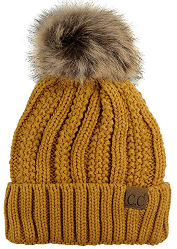 C.C Thick Cable Knit Faux Fuzzy Fur Pom Fleece Lined Skull Cap Cuff Beanie, Mustard