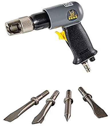 SCHNEIDER Marteau burineur léger avec course de 41 mm, régulateur d'air, poignée en caoutchouc, dans un coffret en plastique avec jeu complet de burins, burins plats, séparateur de tôle, coupe-tôle et