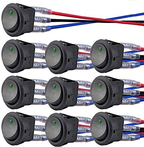 donjon Interrupteur à Bascule Rond, Interrupteur à Bascule LED on/Off avec Une lumière Vert de 12V 20A 3 Broches pour Voiture, Camion, Voitures de Course, véhicules de Loisirs, Marine(10 pièces)