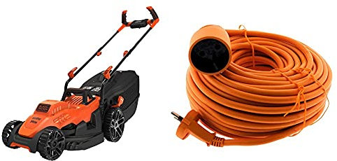 BLACK+DECKER Tondeuse Filaire 1400W, Tondeuse à Gazon Electrique 34 cm, 6 hauteurs réglables & Zenitech - Prolongateur 16A HO5VV-F 2x1,5 Orange 25m