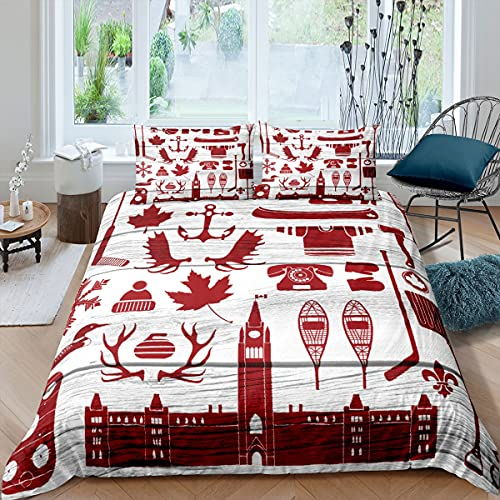richhome Rote Ahornblätter Bettwäsche-Set,Klassische Kanada Symbole Rustikal Bettwäsche Set 155x220cm,Eishockey-Sportspiel Betten Set für Kinder Jungen Mädchen Teenager 2St.Reißverschluss Mikrofaser