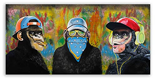 Affenbilder auf Leinwand - drei affen bunt wohnzimmer - Wandbild auf Leinwand banksy like, hochwertige Streetart graffiti Kunstdruck I Wanddekoration XXl fertig zum Aufhängen (20x40 cm)