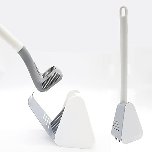 Silicone Toilet Brush and Holder, Long Handled Toilet Brush, Golf Toilet Brush with Self-Opening Base, Deep Cleaning No Dead Ends (White)
