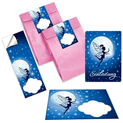 Junapack 12 Einladungskarten zum Kindergeburtstag Mädchen Fee incl. 12 Umschläge, 12 Tüten/rosa, 12 Aufkleber