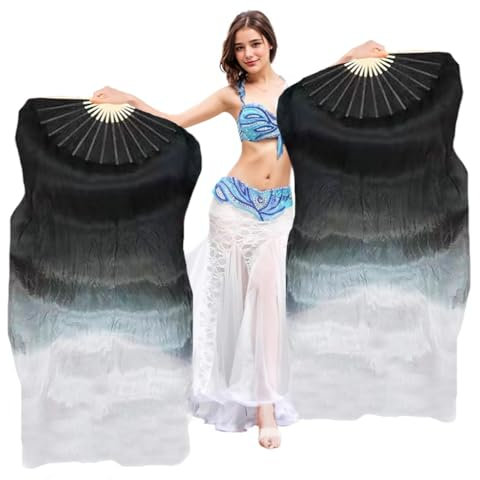 Women 1 Pair Hand Made Silk Belly Dance Fan Veils Long Bamboo Fan for Dancing, Black White, 180*90 cm