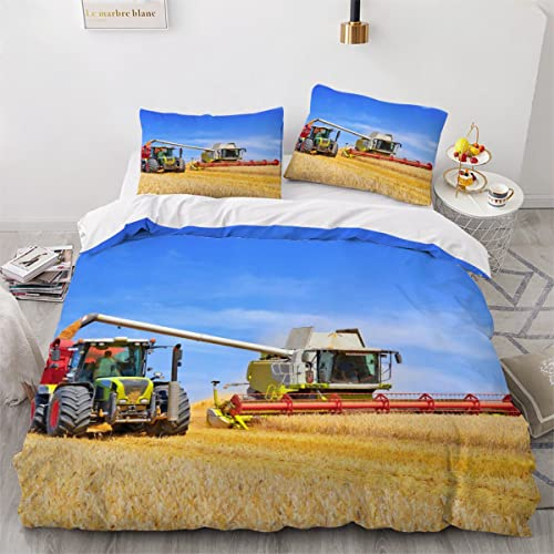 Lolosale Bettwäsche 135x200 Traktor Bettbezug Set Weich Microfaser Bettwaren Mähdrescher Bettwäsche-Set für Kinder Teenager ReißVerschluss Bettbezug Mit 2 Kissenbezug 80x80cm