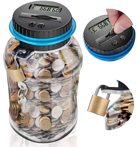 JIAMIAN Spardosen, Digitales Sparschwein Eurozähler Mit LCD Anzeige, Automatische Münzzählglas Spardose Geld Sparen Box, Digital Coin Bank, Inkl. Schloss, Schlüssel