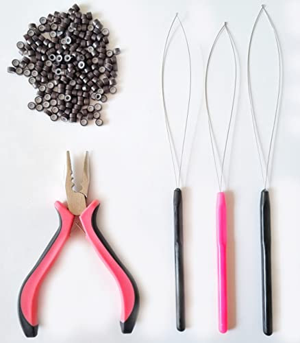200 x Hair Extension Micro Silicone Beads Rings 5mm, Pink Pliers and Pulling Loop Threader Tool Set - Hair Extensions Tools Kit - Blonde Brown Black (Dark Brown)