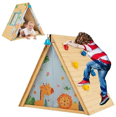 COSTWAY 2 in 1 Kinderspielhaus mit Klettersteine, Kinderzelt Holz Spielhaus Kinder Holzhaus Kletterdreieck 115x77x100cm