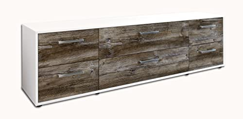 Lqliving TV-Board Lowboard Assunta, Korpus in Weiss matt, Front im Holz-Design Treibholz (180x49x35cm), mit Metall Griffen, Made in Germany