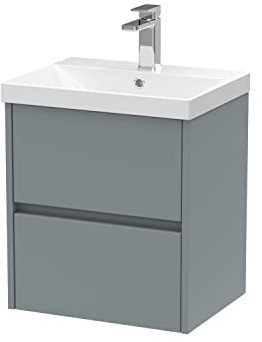 Hudson Reed Wall Hung 2 Drawer Vanity Unit & Thin-Edge Ceramic Basin, 500mm, Matt Coastal Grey