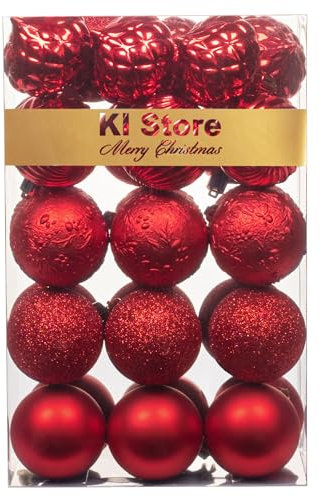 KI Store - 60mm Rosso Palline di Natale, decorazioni per albero di Natale, 30 pezzi, infrangibili, da appendere