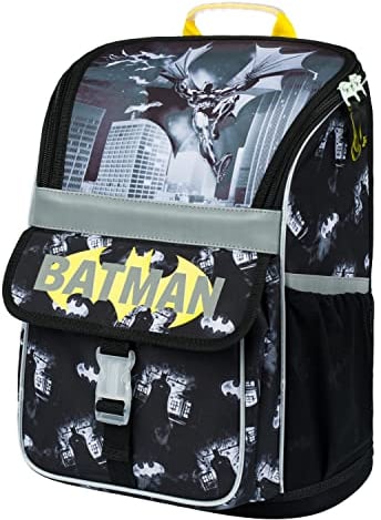 Baagl Schulranzen Jungen für 1. Klasse - Ergonomische Schultasche für Kinder - Schulrucksack mit Brustgurt - Grundschule Ranzen Tornister (Batman Dark City)